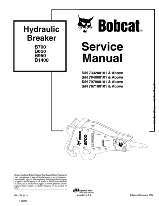 Bobcat B700 B850 B950 B1400 Hydraulic Breaker Service Repair Manual SN 794000101 And Above