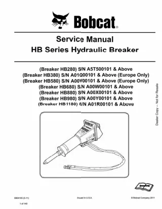 Bobcat Breaker HB580 Hydraulic Breaker Service Repair Manual SN A00V00101 And Above Europe Only