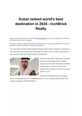 Dubai Achieves Global Recognition as the Top Tourism Place in 2024