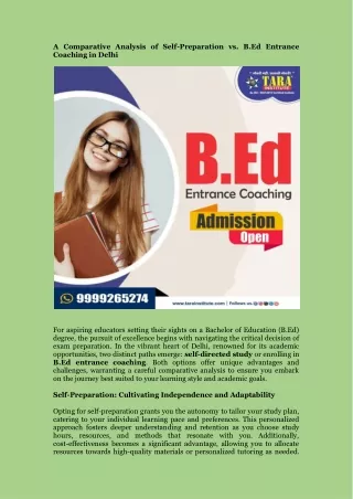 A Comparative Analysis of Self-Preparation vs. B.Ed Entrance Coaching in Delhi