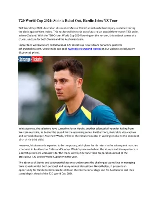 T20 World Cup 2024 Stoinis Ruled Out, Hardie Joins NZ Tour