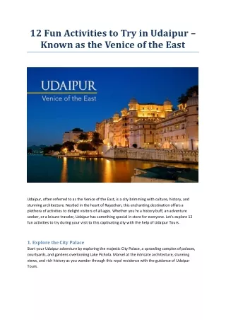 12 Fun Activities to Try in Udaipur  Known as the Venice of the East