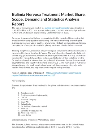Bulimia Nervosa Treatment Market Share, Scope, Demand and Statistics Analysis Re