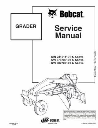 Bobcat Grader Service Repair Manual SN 802700101 And Above