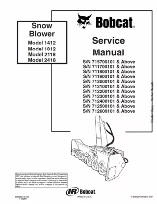 Bobcat Model 1412 1812 2118 2418 Snow Blower Service Repair Manual SN 711700101 And Above