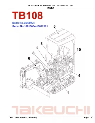 Takeuchi TB108 Compact Excavator Parts Catalogue Manual SN10810004~10812001