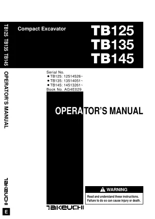 Takeuchi TB125 Compact Excavator Operator manual SN：12514526 and up