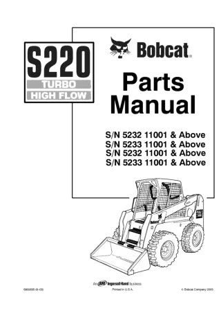 Bobcat S220 Skid Steer Loader Parts Catalogue Manual SN 5232 11001 & Above