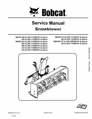 Bobcat SB200 54 In Snowblower Service Repair Manual SN 713500101 And Above