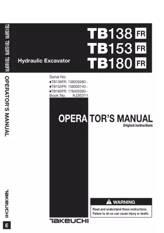 Takeuchi TB180FR Hydraulic Excavator Operator manual SN：178400260 and up