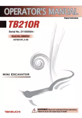 Takeuchi TB210R Mini Excavator Operator manual (Serial No. 211000004 and up)