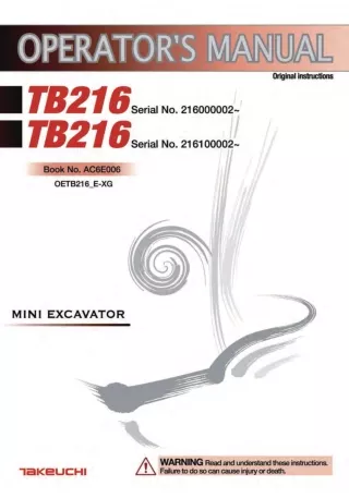 Takeuchi TB216 Mini Excavator Operator manual (Serial No. 216000002 and up)