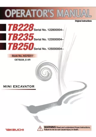 Takeuchi TB228 Mini Excavator Operator manual Serial No. 122800004 and up