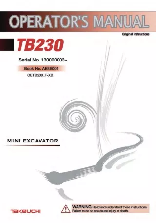 Takeuchi TB230 Mini Excavator Operator manual (Serial No. 130000003 and up)