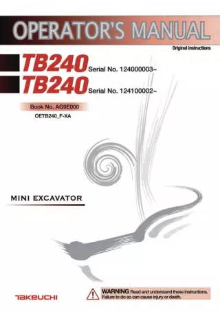 Takeuchi TB240 Mini Excavator Operator manual (Serial No. 124000003 and up)