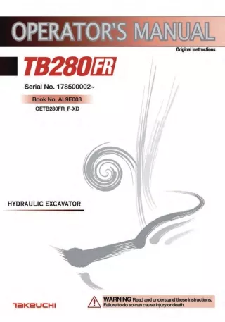 Takeuchi TB280FR Hydraulic Excavator Operator manual (Serial No. 178500002 and up)