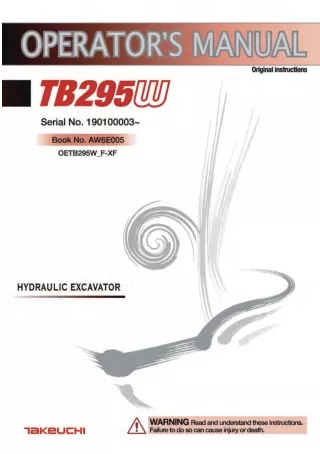 Takeuchi TB295W Hydraulic Excavator Operator manual (Serial No.190100003 and up)