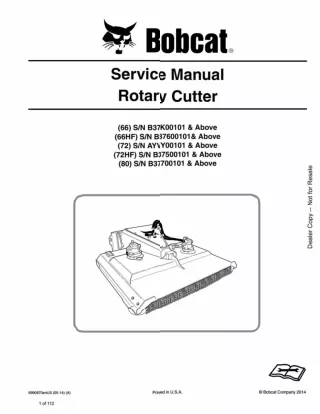 Bobcat 80 Rotary Cutter Service Repair Manual SN B37700101 And Above