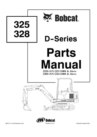 Bobcat 325D Excavator Parts Catalogue Manual SN 232311001 and Above