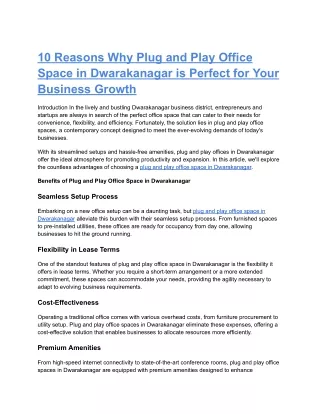 10 Reasons Why Plug and Play Office Space in Dwarakanagar is Perfect for Your Business Growth