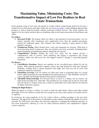 Maximizing Value, Minimizing Costs: The Transformative Impact of Low Fee Realtor