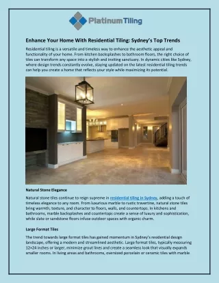 Enhance Your Home With Residential Tiling and Sydney’s Top Trends