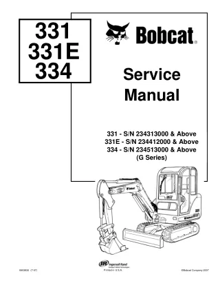 BOBCAT 331E COMPACT EXCAVATOR Service Repair Manual SN ：234412000 & Above