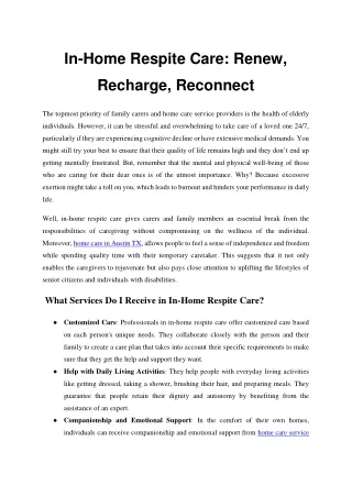 In-Home Respite Care Renew, Recharge, Reconnect.