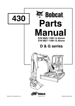 Bobcat 430D 430G Excavator Parts Catalogue Manual SN 562711001 and Above