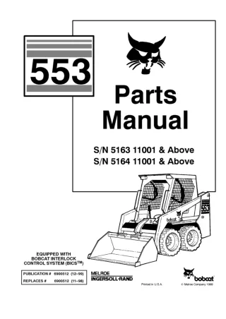 Bobcat 553 Skid Steer Loader Parts Catalogue Manual SN 516411001 and Above