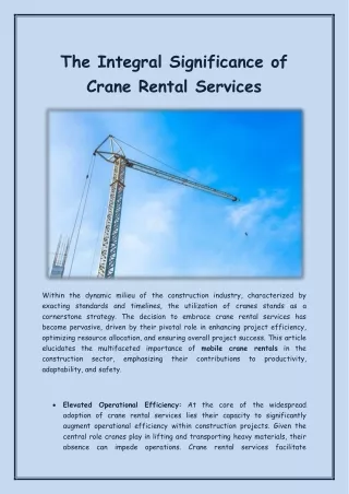 The Integral Significance of Crane Rental Services