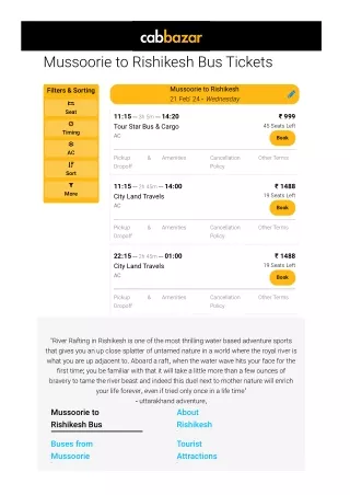 Mussoorie to Rishikesh Bus Price | Mussoorie to Rishikesh Bus Ticket