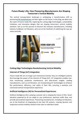 Future-Ready Lifts How Pioneering Manufacturers Are Shaping Tomorrow's Vertical Mobility