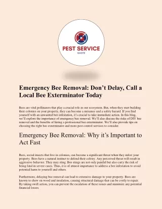 Emergency Bee Removal: Don’t Delay, Call a Local Bee Exterminator Today