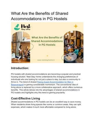 What Are the Benefits of Shared Accommodations in PG Hostels