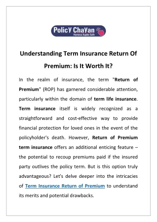 Understanding Term Insurance Return Of Premium: Is It Worth It?