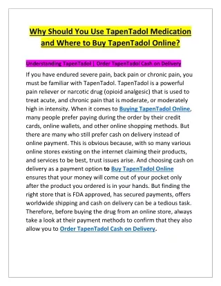 Why Should You Use TapenTadol Medication and Where to Buy TapenTadol Online