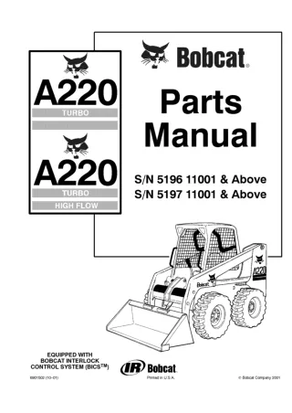 Bobcat A220 G Series Skid Steer Loader Parts Catalogue Manual SN 5196 11001 & Above