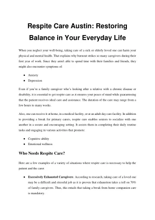 Respite Care Austin Restoring Balance in Your Everyday Life