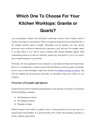 Which One To Choose For Your Kitchen Worktops Granite or Quartz