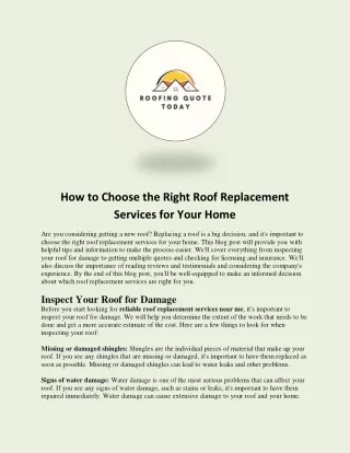 How to Choose the Right Roof Replacement Services for Your Home