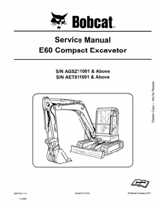 BOBCAT E60 COMPACT EXCAVATOR Service Repair Manual SN：AGSZ11001 AND Above