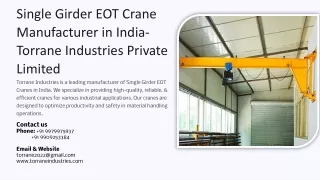 Single Girder EOT Crane Manufacturer in India Torrane Industries Private Limited