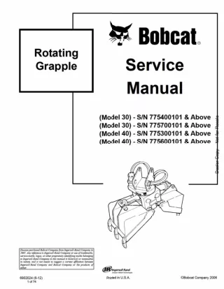 Bobcat Model 30 Rotating Grapple Service Repair Manual SN 775400101 And Above