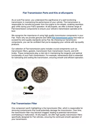 Fiat Transmission Parts and Kits at eEuroparts