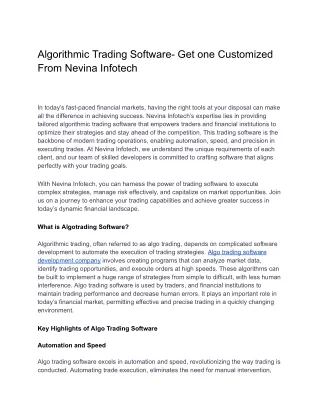 Algorithmic Trading Software- Get one Customized From Nevina Infotech