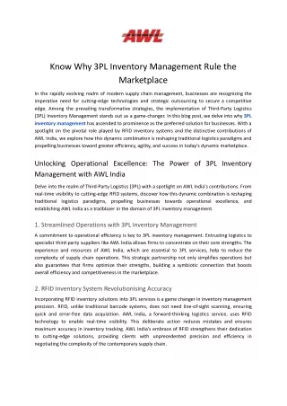 Know Why 3PL Inventory Management Rule the Marketplace - AWL India