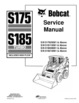 BOBCAT S175 SKID STEER LOADER Service Repair Manual SN 519028001 & Above