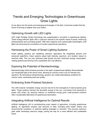 Trends and Emerging Technologies in Greenhouse Grow Lights