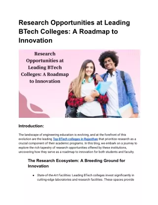 Research Opportunities at Leading BTech Colleges: A Roadmap to Innovation